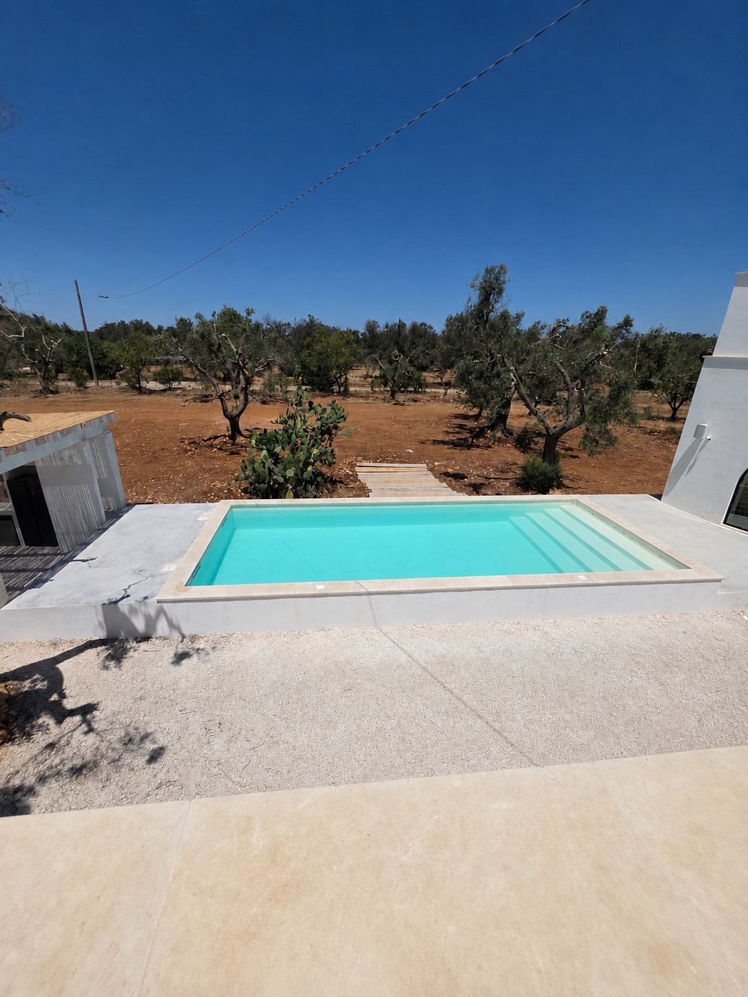 La piscine de Casa Andrea vue depuis la terrasse — une eau turquoise dans un encadrement de pierre, une terrasse en pierre coulée claire tout autour, la villa blanche et sa fenêtre cintrée d'un côté, l'oliveraie et un figuier de Barbarie au-delà, ciel clair, Pouilles.