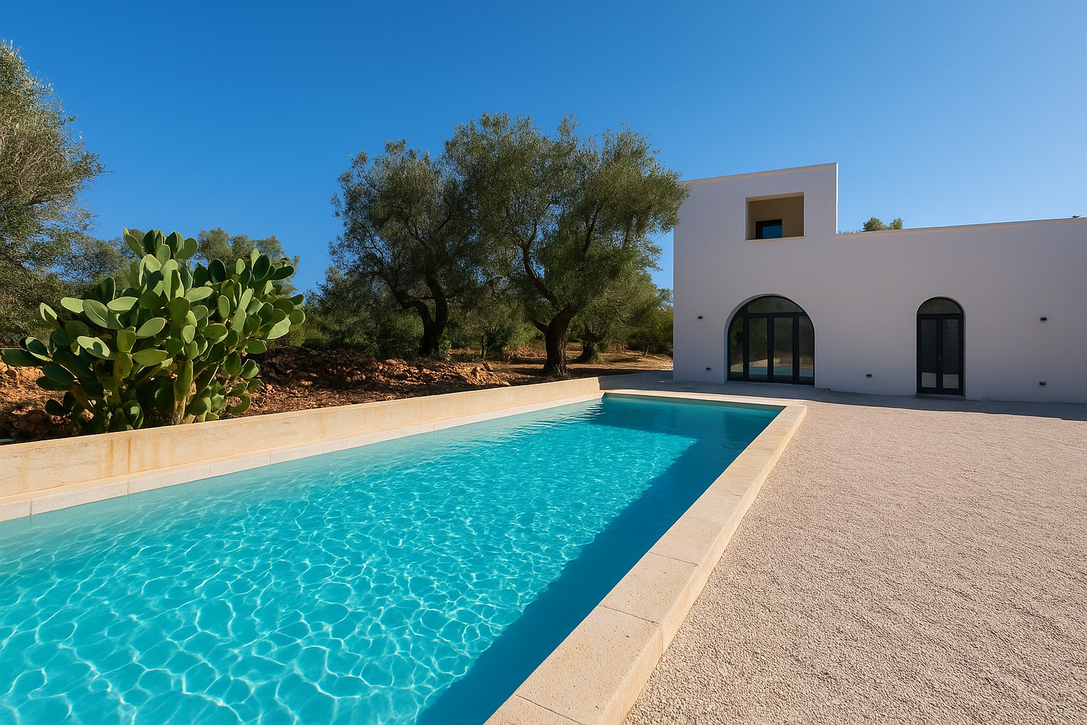 The pool and terrace at Casa Andrea, the restored stone villa and its olive grove beyond, San Vito dei Normanni, Puglia.