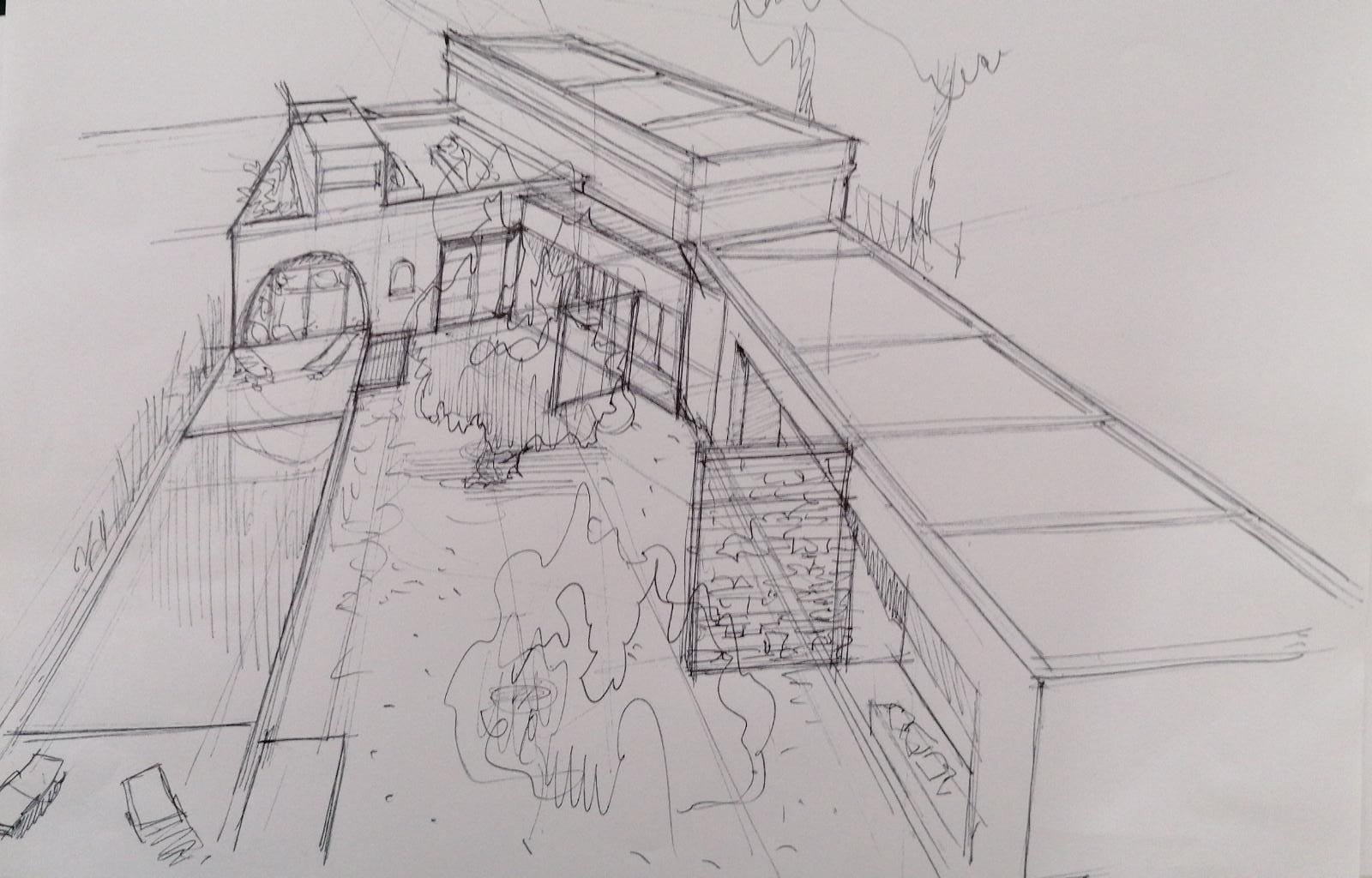 A pencil and ink sketch by architect Claudio Monnini, showing the future Casa Andrea: the casale on one side, a new two-storey extension with rooftop study, and a long pool below — August 2022.