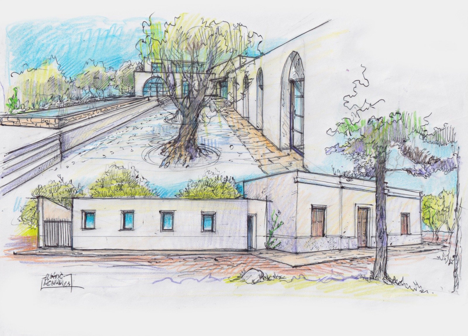 Signed watercolour and ink architectural rendering by Claudio Monnini, April 2023 — Casa Andrea as designed, with the restored casale, the new two-storey living wing with rooftop office, the central preserved olive, and the long pool descending by stone steps.